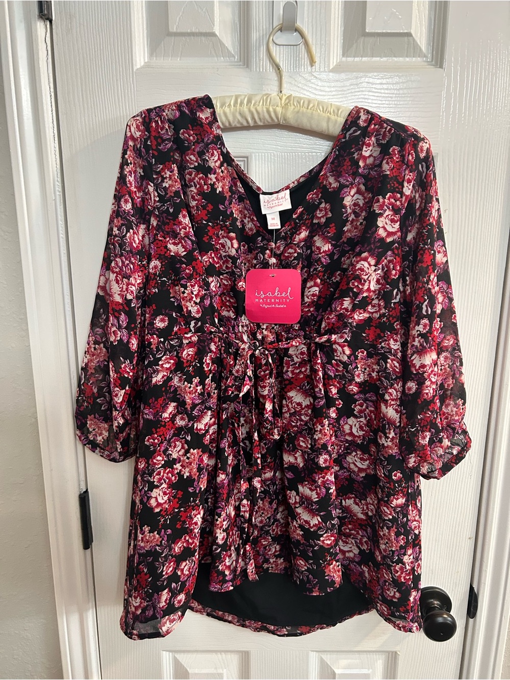 Isabel Maternity Floral Print V-Neck Tie blouse 3/4 sleeve new with tags size M